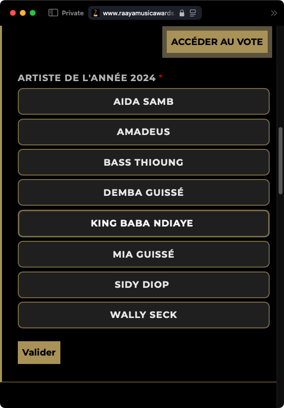 Sélectionnez votre artiste préféré et cliquez sur "Voter"